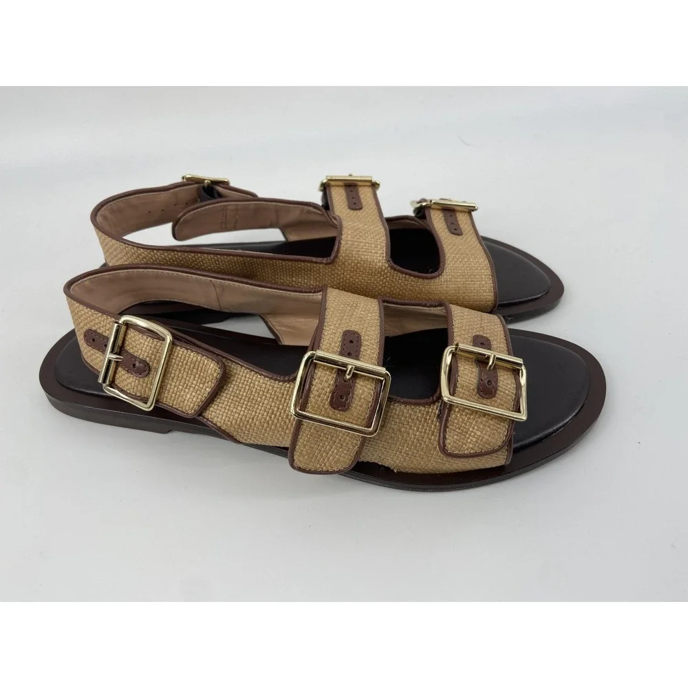 J.Crew Sandals Shoes Womens 12 Tan Carsen Leather‎ Buckle Slingback Casual Italy